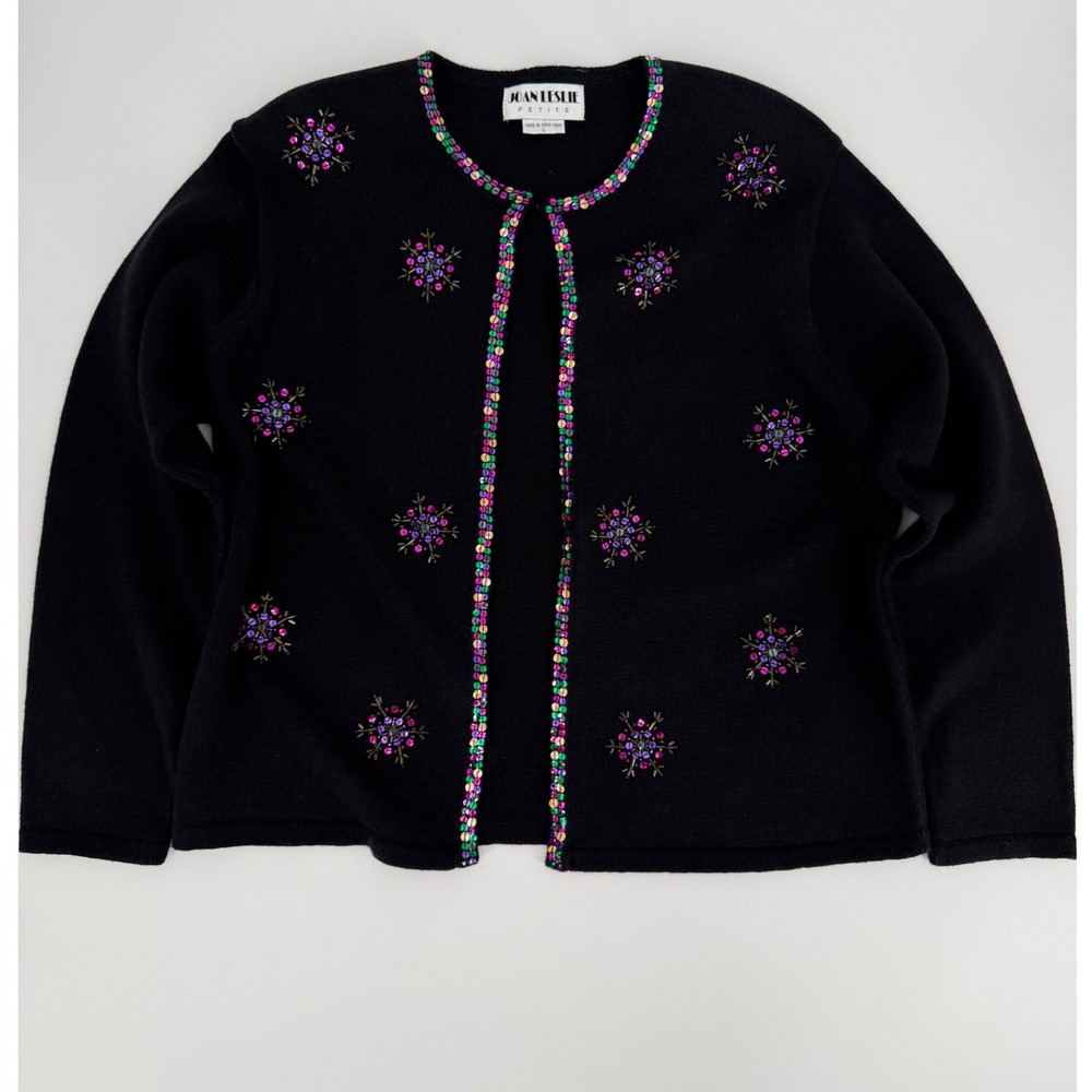 Joan Leslie Petite Black Sequin Snowflake Cardigan Sweater Womens Large Holiday